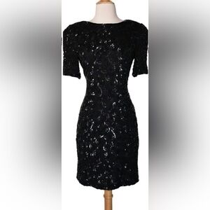 Vintage Niteline Silk Beaded Sequins Black Dress Women’s 10 Short Sleeve 80s 90s